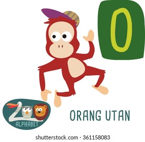 Cute zoo alphabet in vector. O letter for Orang Utan. Funny cartoon animals. Alphabet design in a colorful style. 