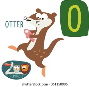 Cute zoo alphabet in vector. O letter for Otter. Funny cartoon animals. Alphabet design in a colorful style. 