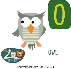 Cute zoo alphabet in vector. O letter for Owl. Funny cartoon animals. Alphabet design in a colorful style. 