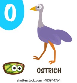 Cute zoo alphabet in vector. O for Ostrich