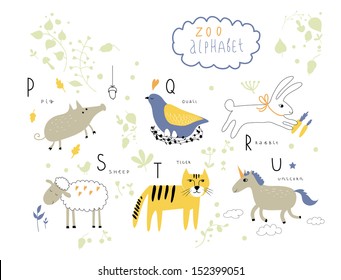 Cute zoo alphabet in vector . P, Q, R, S, T, U letters.