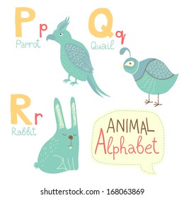 Cute zoo alphabet in vector. P, q, r letters. Funny animals. Parrot, quail, rabbit. Vector illustration for children's education.