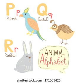 Cute zoo alphabet in vector. P, q, r letters. Funny animals. Parrot, quail, rabbit. Vector illustration for children's education.