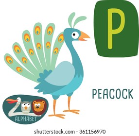 Cute zoo alphabet in vector. P letter for Peacock. Funny cartoon animals. Alphabet design in a colorful style. 