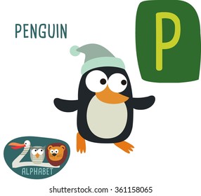 Cute zoo alphabet in vector. P letter for Penguin. Funny cartoon animals. Alphabet design in a colorful style. 