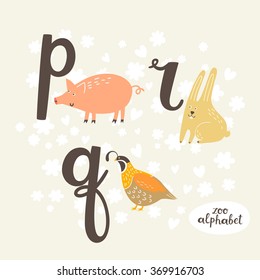 Cute zoo alphabet in vector. P, q, r letters. Funny animals. Pig, rabbit and quail.