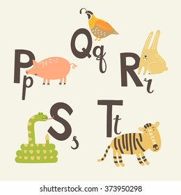 Cute zoo alphabet in vector. P, q, r, s, t letters. Funny animals. Pig, rabbit, quail, snail and tiger.