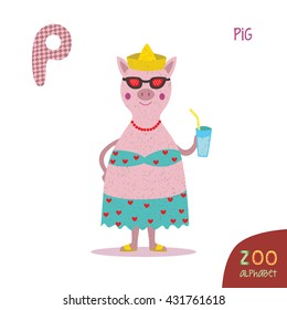 Cute zoo alphabet in vector. P letter. Funny cartoon pig with swimsuit, hat, cocktail tube, slippers, necklaces, sunglasses. Alphabet design in a colorful style. Kids abc. Kids education