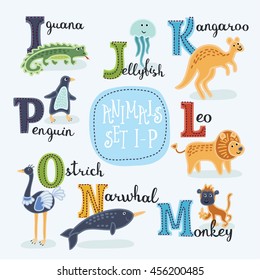 Cute zoo alphabet in vector. From I to P letters. Funny cartoon animals with names in English: iguana, jellyfish,  kangaroo, leo, narwhal, ostrich, penguin. ABC design in a colorful style