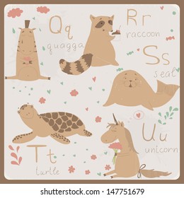 Cute zoo alphabet in vector . Q, r, s, t, u letters. Funny animals. Eps 10