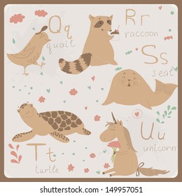Cute zoo alphabet in vector . Q, r, s, t, u letters. Funny animals. One of the five pages of the English alphabet with cartoon animals for kids. Eps 10