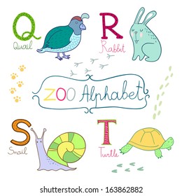 Cute zoo alphabet in vector. Q, r, s, t letters. Funny animals. Quail, rabbit, snail and turtle