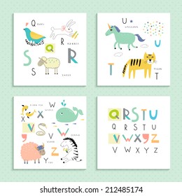  Cute zoo alphabet in vector . Q, R, S, T, U, V, W, X, Y, Z letters. Four funny cards with animals.