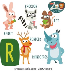 Cute zoo alphabet in vector. R letter. Funny cartoon animals: Rabbit, Racoon, Rat, Reindeer, Rhinoceros. Alphabet design in a colorful style. 