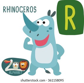 Cute zoo alphabet in vector. R letter for Rhinoceros Funny cartoon animals. Alphabet design in a colorful style. 