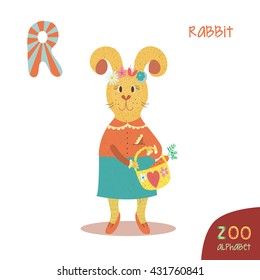 Cute zoo alphabet in vector. R letter. Funny cartoon rabbit with 
wreath, basket, carrot, blouse, skirt, shoes. Alphabet design in a colorful style. Kids abc. Kids education