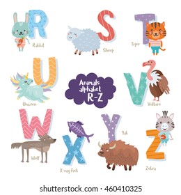 Cute zoo alphabet in vector. R, s, t, u, v, w, x, y, z letters. Funny cartoon animals. Rabbit, sheep, tiger, unicorn, vulture, wolf, x-ray fish, yak, zebra.