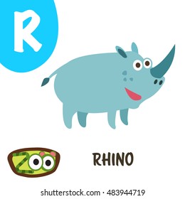 Cute zoo alphabet in vector. R for Rhino