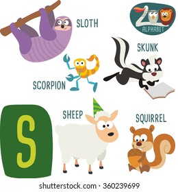 Cute zoo alphabet in vector. S letter. Funny cartoon animals: Sloth, Scorpion, Skunk, Sheep, Squirrel . Alphabet design in a colorful style. 