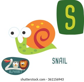 Cute zoo alphabet in vector. S letter for Snail. Funny cartoon animals. Alphabet design in a colorful style. 