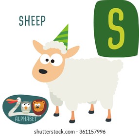 Cute zoo alphabet in vector. S letter for Sheep. Funny cartoon animals. Alphabet design in a colorful style. 