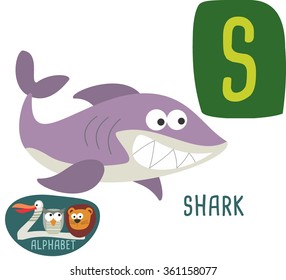 Cute zoo alphabet in vector. S letter for Shark. Funny cartoon animals. Alphabet design in a colorful style. 