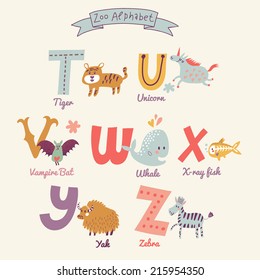 Cute zoo alphabet in vector. T, u, v, w, x, y, z letters. Funny cartoon animals. Tiger, unicorn, vampire bat, whale, x-ray fish, yak, zebra in bright colors