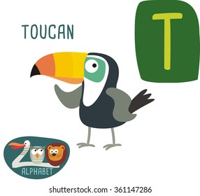 Cute zoo alphabet in vector. T letter for Toucan. Funny cartoon animals. Alphabet design in a colorful style. 