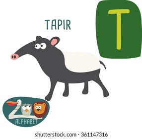 Cute zoo alphabet in vector. T letter for Tapir. Funny cartoon animals. Alphabet design in a colorful style. 