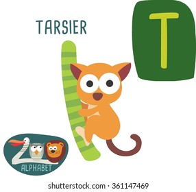 Cute zoo alphabet in vector. T letter for Tarsier. Funny cartoon animals. Alphabet design in a colorful style. 