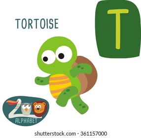 Cute zoo alphabet in vector. T letter for Tortoise. Funny cartoon animals. Alphabet design in a colorful style. 