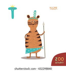 Cute zoo alphabet in vector. T letter. Funny cartoon tiger with 
pen, bandanna, loincloth, spear. Alphabet design in a colorful style. Kids abc. Kids education