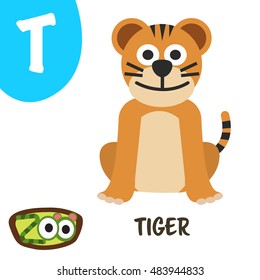 Cute zoo alphabet in vector. T for Tiger