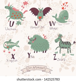 Cute zoo alphabet in vector. U, v, w, x, y, z letters. Funny animals in love. Unicorn, vampire bat, whale, x-ray fish yak, zebra