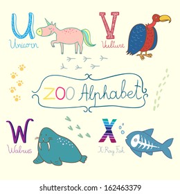 Cute zoo alphabet in vector. U, v, w, x letters. Funny animals. Unicorn, vulture, walrus and x-ray fish