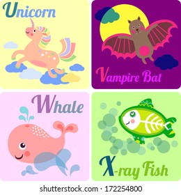 Cute zoo alphabet in vector. U, V, W, X letters. Funny animals for ABC book. Unicorn, Vampire Bat, Whale, X-ray Fish.