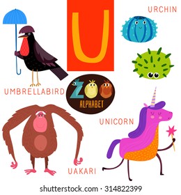 Cute zoo alphabet in vector. U letter. Funny cartoon animals:Umbrellabird,urchin,uakari,unicorn. Alphabet design in a colorful style.
