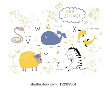 Cute zoo alphabet in vector . V, W, X, Y, Z letters.