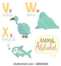 Cute zoo alphabet in vector. V, w, x letters. Funny animals. Vulture, walrus, X-ray fish. Vector illustration for children's education.