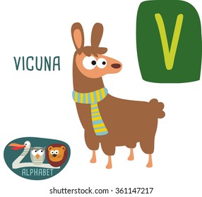 Cute zoo alphabet in vector. V letter for Vicuna. Funny cartoon animals. Alphabet design in a colorful style. 