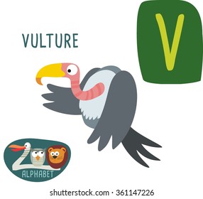 Cute zoo alphabet in vector. V letter for Vulture. Funny cartoon animals. Alphabet design in a colorful style. 