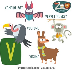 Cute Zoo alphabet in vector. V letter for Vulture, Vampire Bat, Velvet Monkey, Vicuna. funny cartoon animals. alphabet design in a colorful style