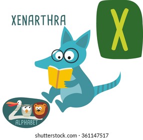 Cute zoo alphabet in vector. X letter for Xenarthra. Funny cartoon animals. Alphabet design in a colorful style. 