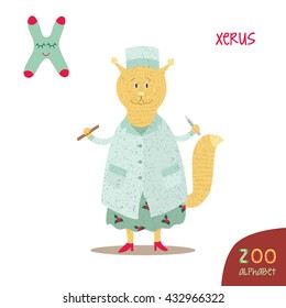 Cute zoo alphabet in vector. X letter. Funny cartoon doctor xerus, squirrel with medical gown, thermometer, dress, hat, cap, shoes. Alphabet design in a colorful style. Kids abc. Kids education