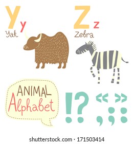 Cute zoo alphabet in vector. Y, z, letters. Funny animals. Yak, zebra. Vector illustration for children's education.