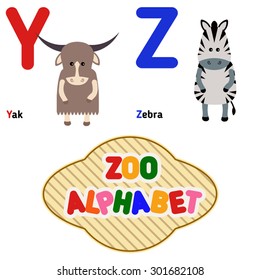 Cute zoo alphabet in vector. Y, z. Funny cartoon animals: yak, zebra.