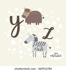 Cute zoo alphabet in vector. Y, z letters. Funny animals. Yak and zebra.