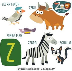 Cute Zoo alphabet in vector. Z letter for Zebra, Zebra Fish, Zebra Finch, Zebu, Zorilla. funny cartoon animals. alphabet design in a colorful style