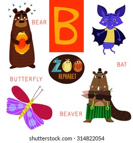 Cute zoo alphabet in vector.B letter. Funny cartoon animals: Bear,bat,butterfly,beaver. Alphabet design in a colorful style.
