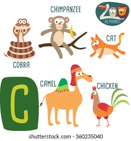 Cute zoo alphabet in vector.C letter. Funny cartoon animals: Camel, Cobra Cat, Chicken, Chimpanzee . Alphabet design in a colorful style. - stock vector